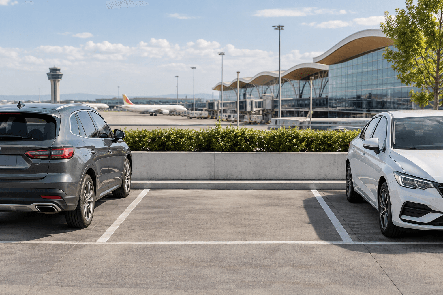 Parking junto al aeropuerto, con dos coches y una plaza libre